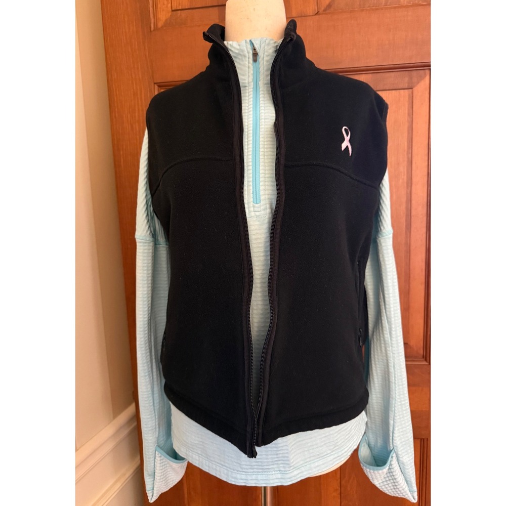 Sleeveless Fleece Vest Womens Small Black Full-Zip Breast Cancer Pink Ribbon
